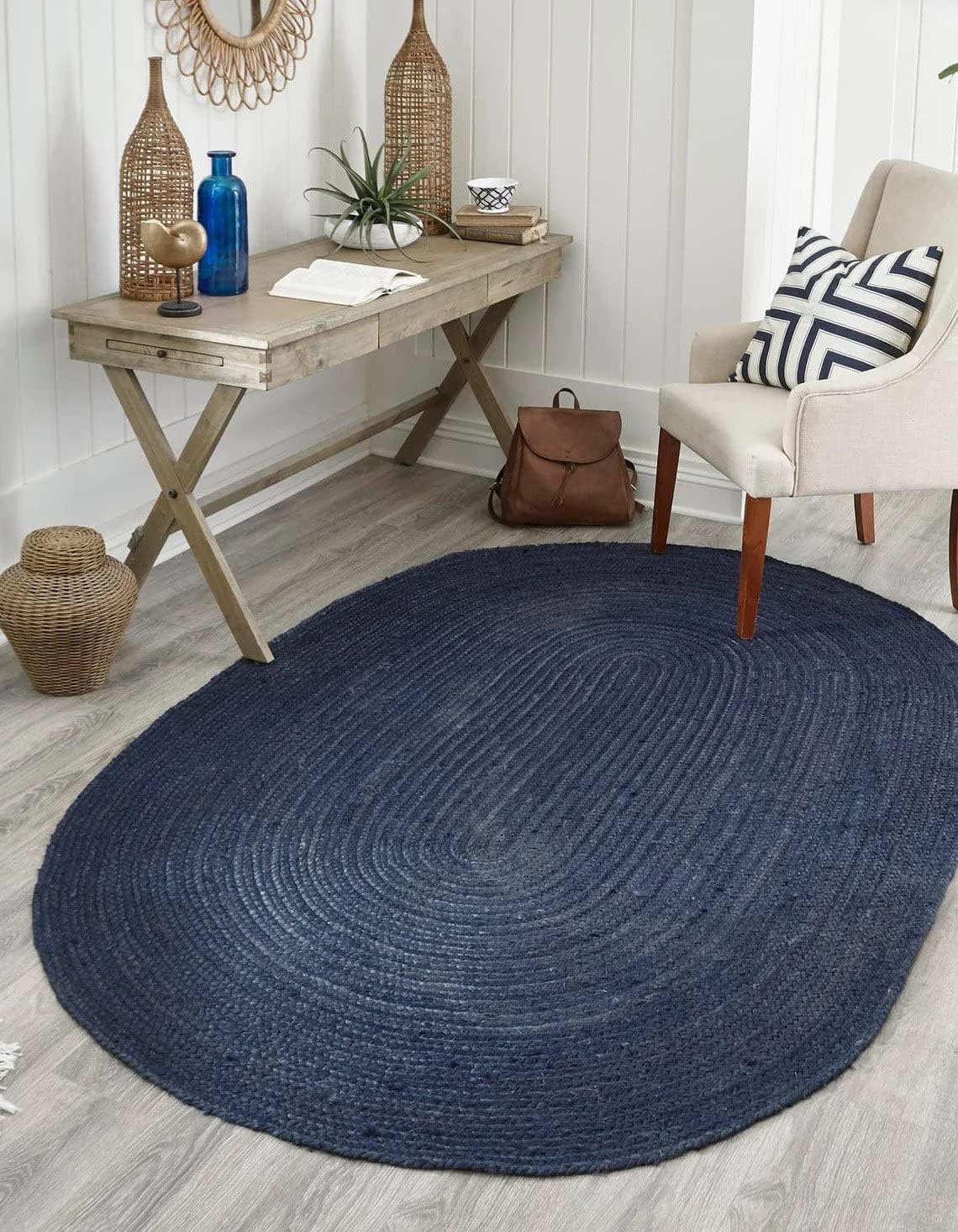 Natural Jute Hand Braided Bohemian Blue Jute Area Rugs