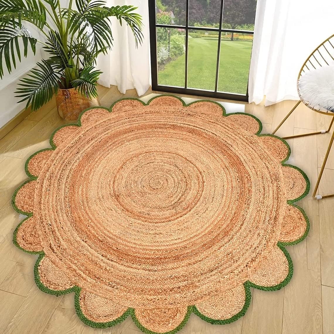 Round Jute Carpet Rug with multi Color border  For Home, Living Room