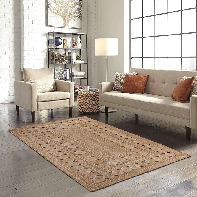 Indian Handmade Jute Rugs Geometric Beige Hand Braided Rag Rug for Doorway Door Mate