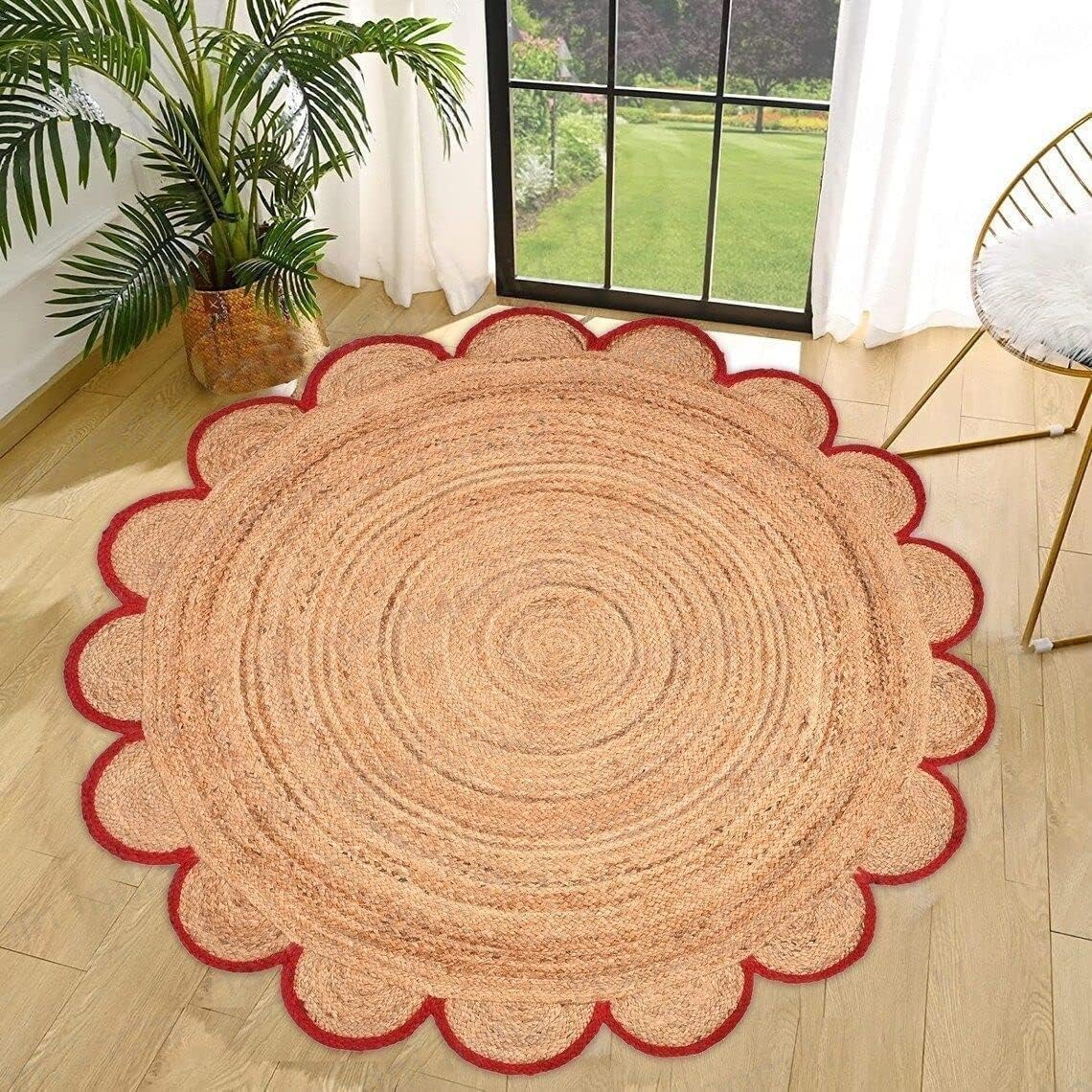 Round Jute Carpet Rug with multi Color border  For Home, Living Room
