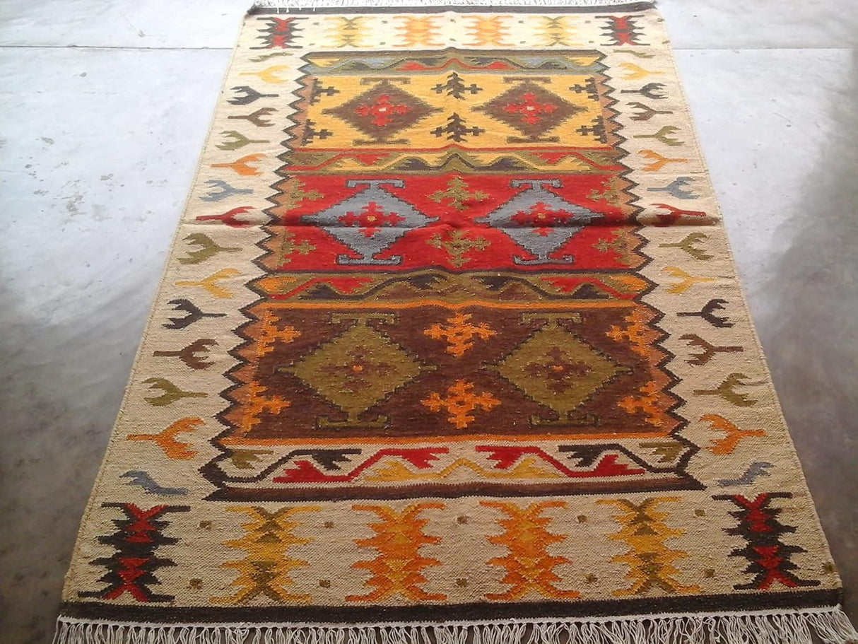 Boho Wool Jute Kilim Rug,Dhurrie Hand-Woven Kelim Turkish Oriental Area Rug