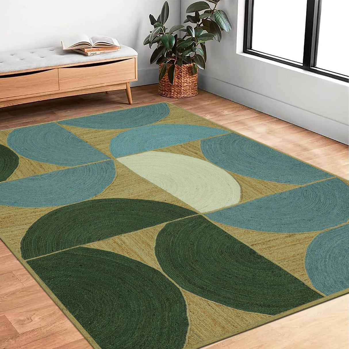 Tapis en jute tressé géométrique vert et bleu, idéal pour les zones à fort trafic dans la chambre 