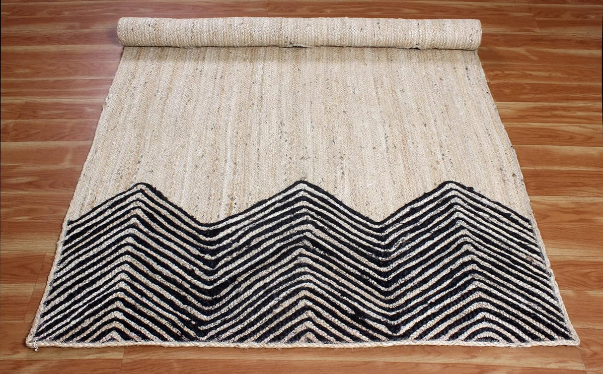 Geometric Black Beige Jute Rug - Handmade Indian Braided Floor Mat