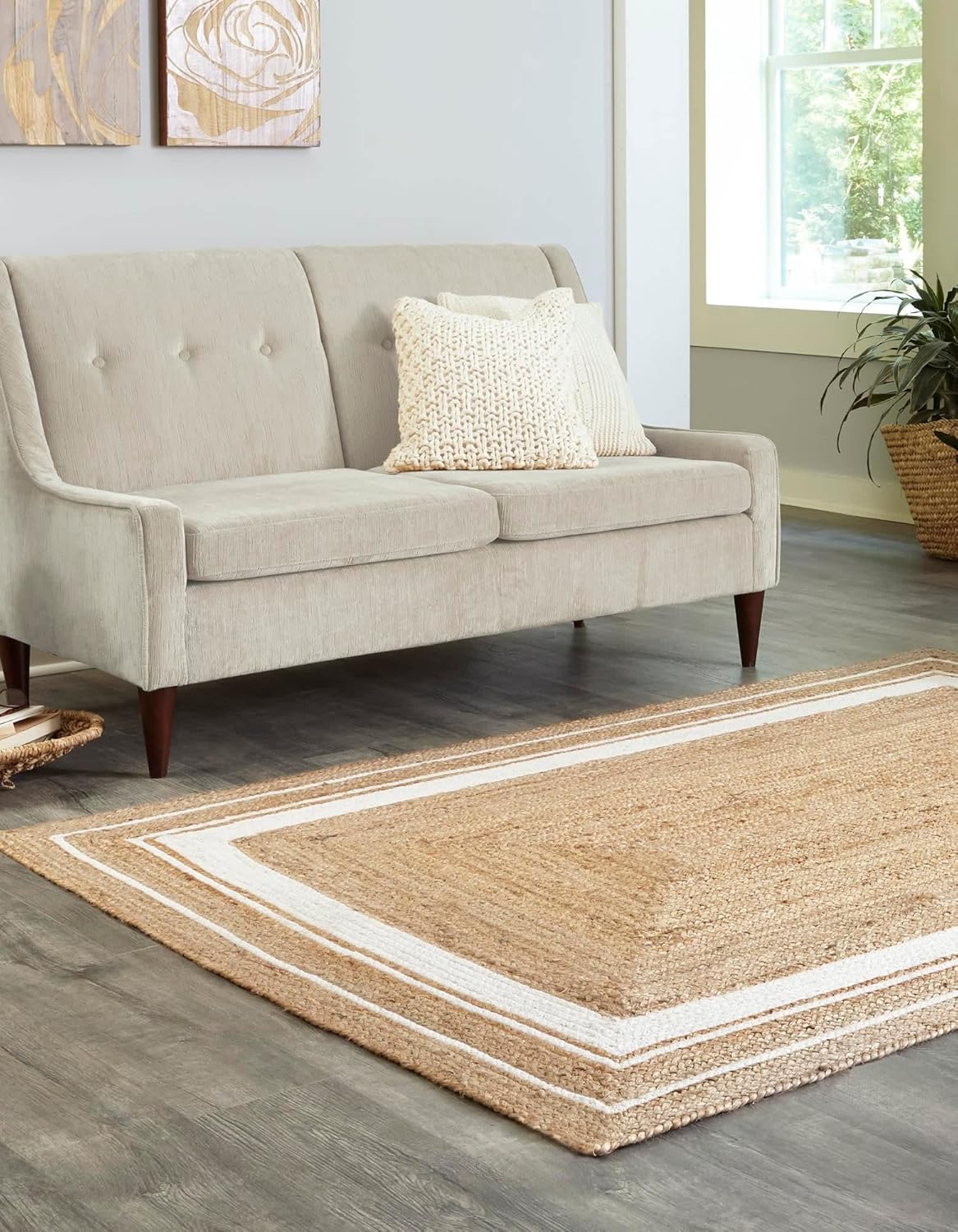 White Braided Border Bohemian  Natural Fiber Rugs