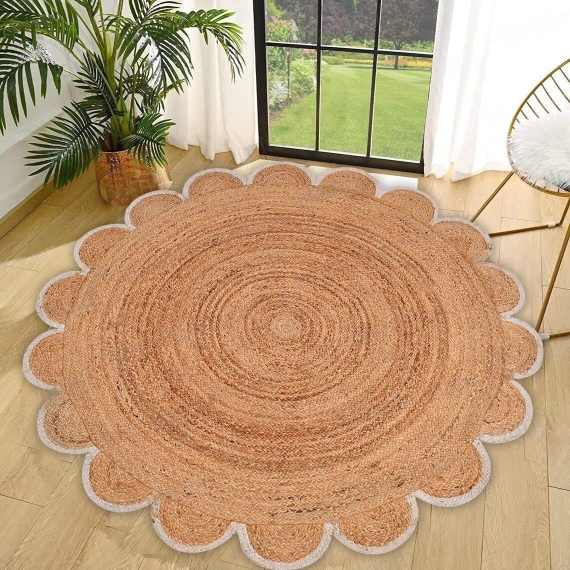 Round Jute Carpet Rug with multi Color border  For Home, Living Room