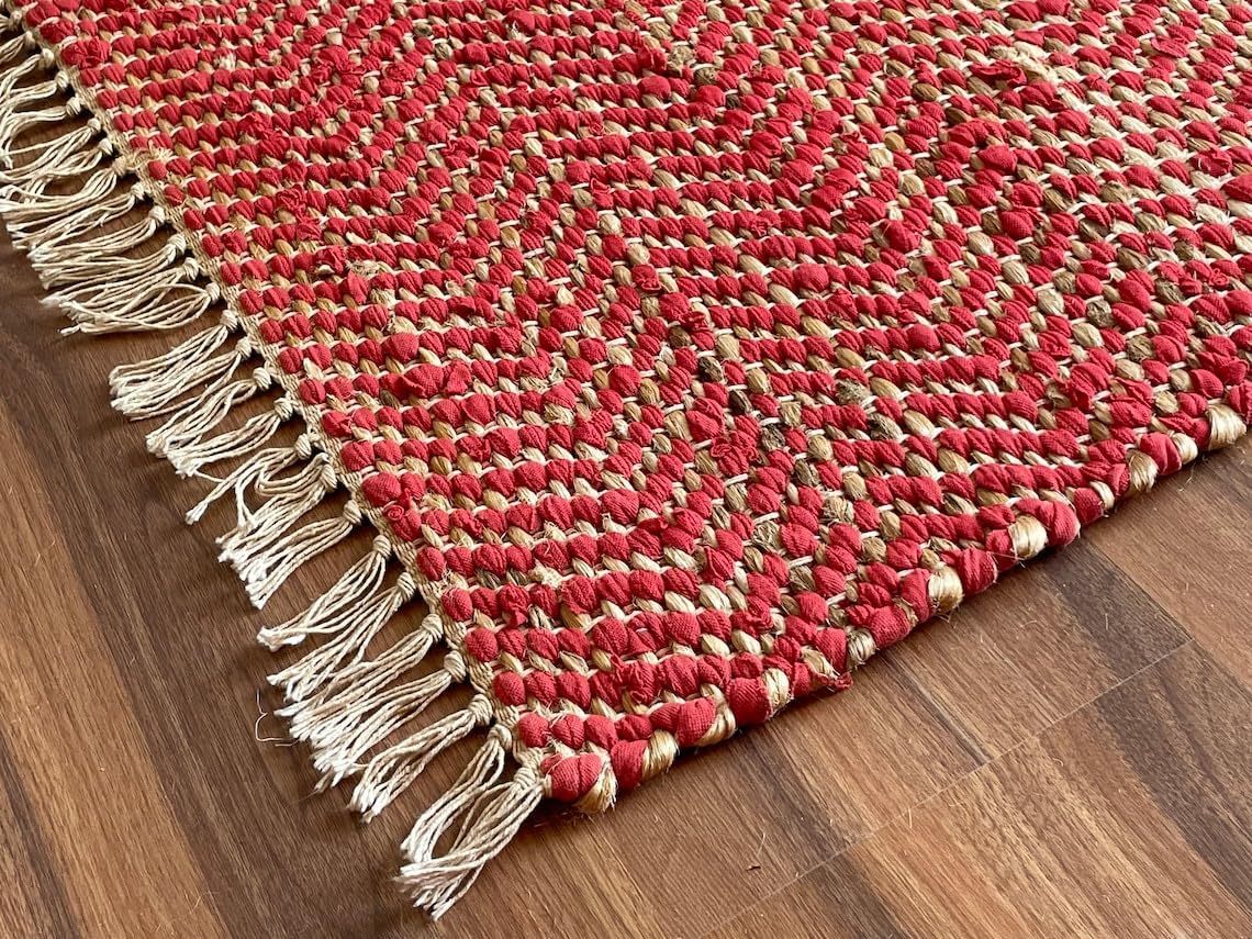 Hemp Dhurrie Rugs, Traditional Red  Footboard entryway Rug Chic Victorian Hipster