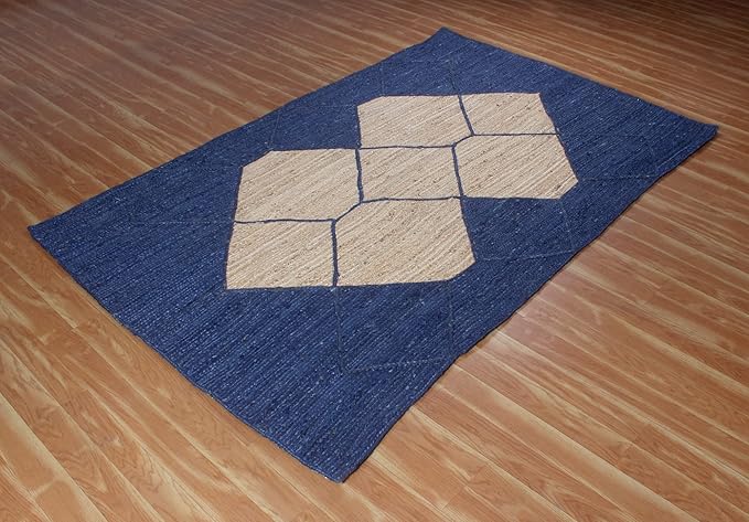 Indian Natural Vintage Rag Rug Geometric Blue & Beige Jute Area Rug