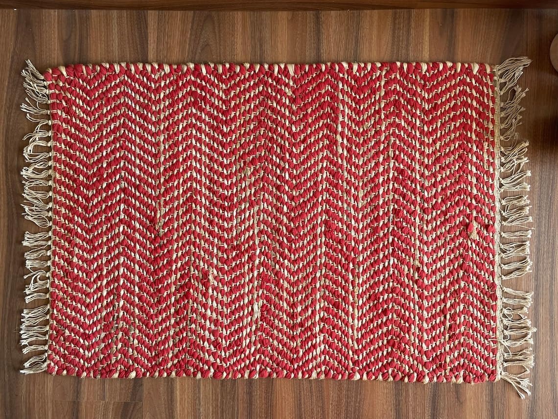 Hemp Dhurrie Rugs, Traditional Red  Footboard entryway Rug Chic Victorian Hipster