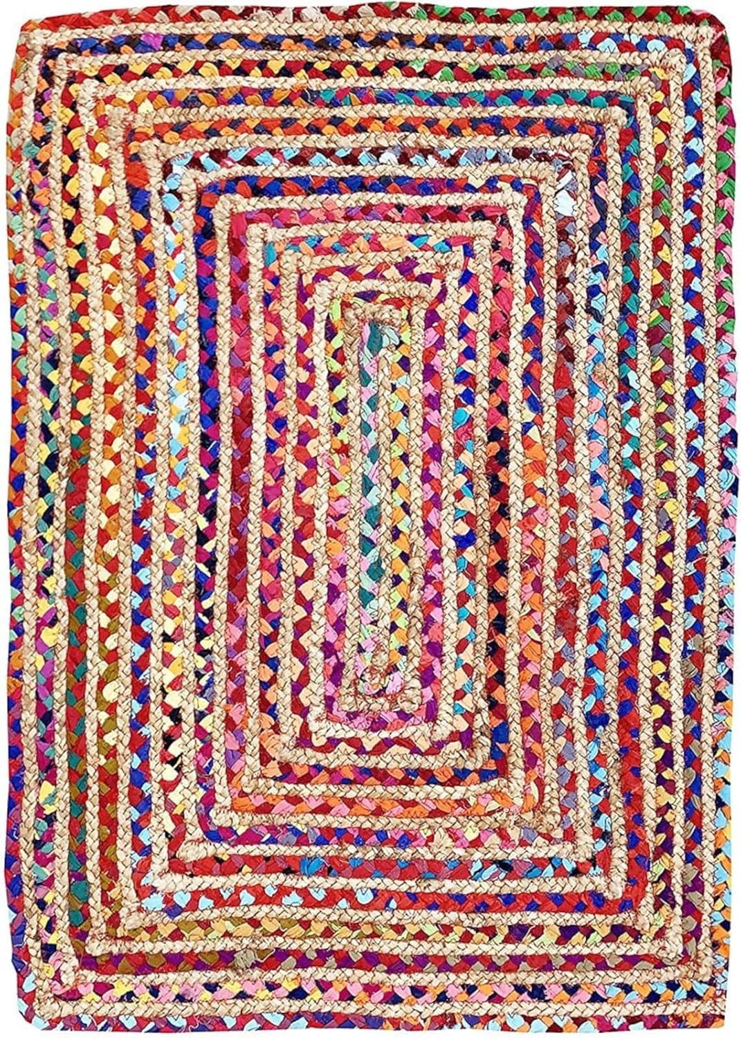 Indian Hand Braided Multicolor Jute Chindi Cotton Rug
