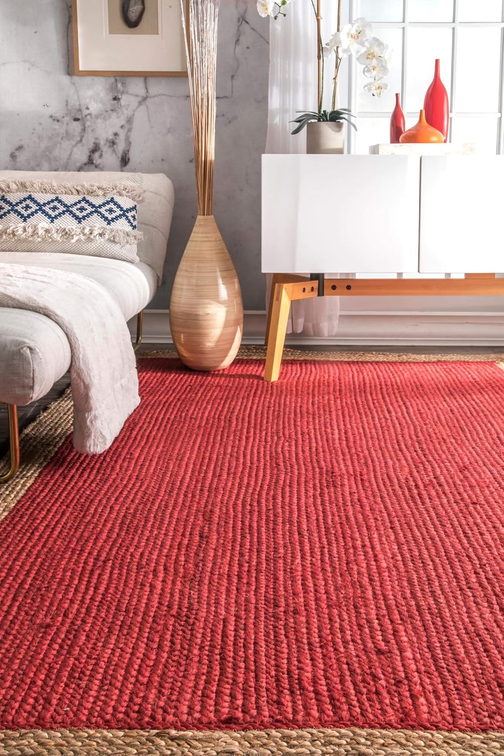 Red with Beige Border Natural Jute Rugs