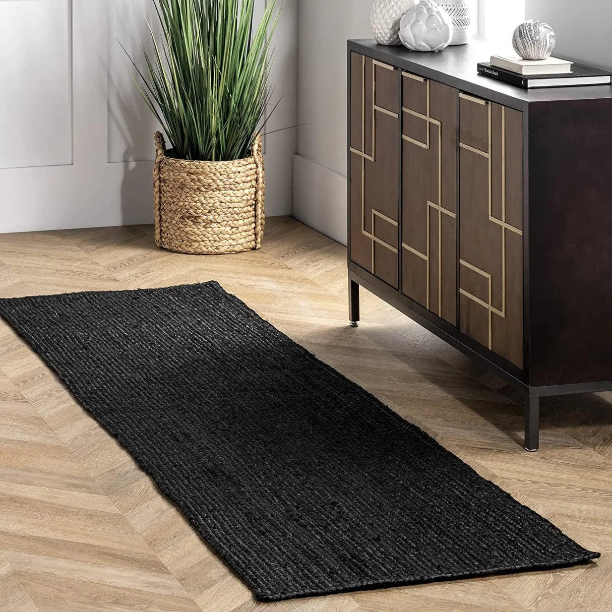 Natural Hand Braided Bohemian Black Jute Area Rugs