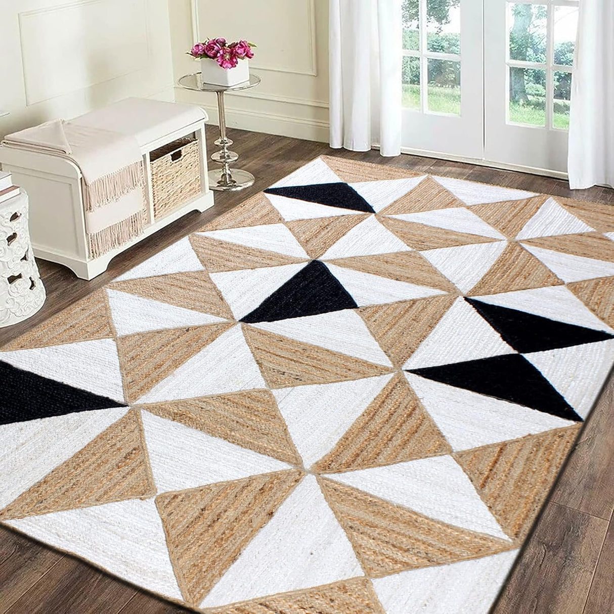 Unique Design Geometric Hand Woven Beige Black  Indian Area Rugs for Living Room, Hall