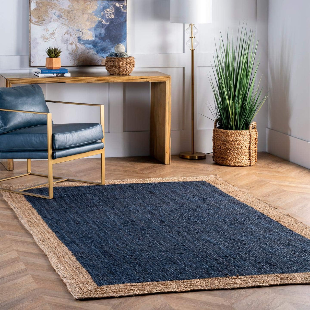 Navy with Beige Border Handmade Rustic Jute Area Rugs