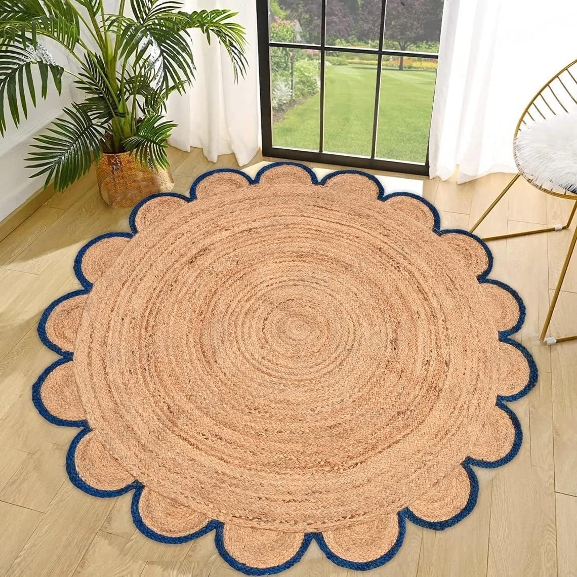 Round Jute Carpet Rug with multi Color border  For Home, Living Room