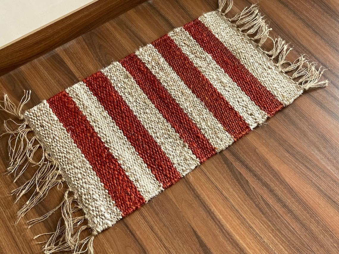 Hemp Area Rugs, Traditional Red-White  Footboard entryway Rug Chic Victorian Hipster