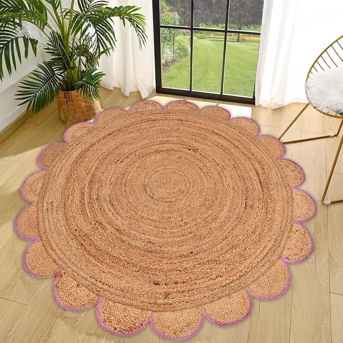 Round Jute Carpet Rug with multi Color border  For Home, Living Room