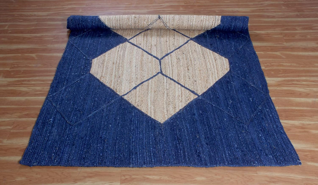 Indian Natural Vintage Rag Rug Geometric Blue & Beige Jute Area Rug
