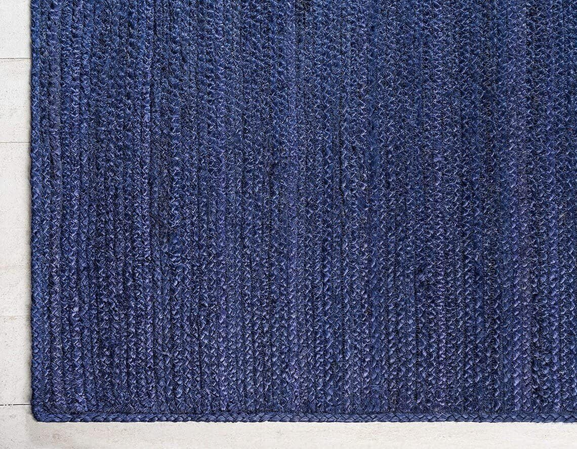 Blue Boho Area Rug – Handmade Natural Jute Braided Floor Mat