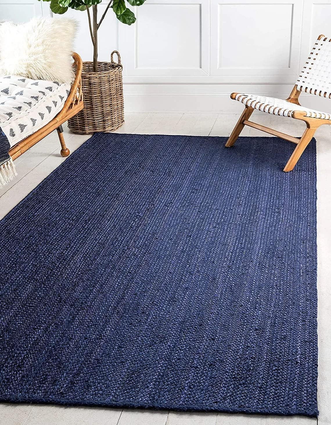 Natural Jute Hand Braided Bohemian Blue Jute Area Rugs