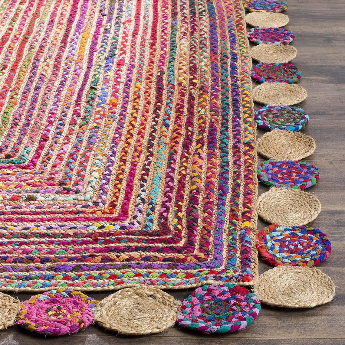 Handmade Recycled Chindi Rug – Braided Jute Cotton Pinwheel Design