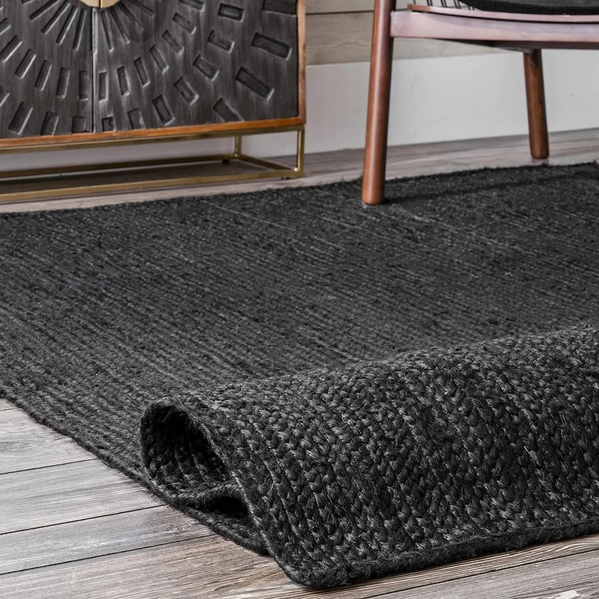 Natural Hand Braided Bohemian Black Jute Area Rugs