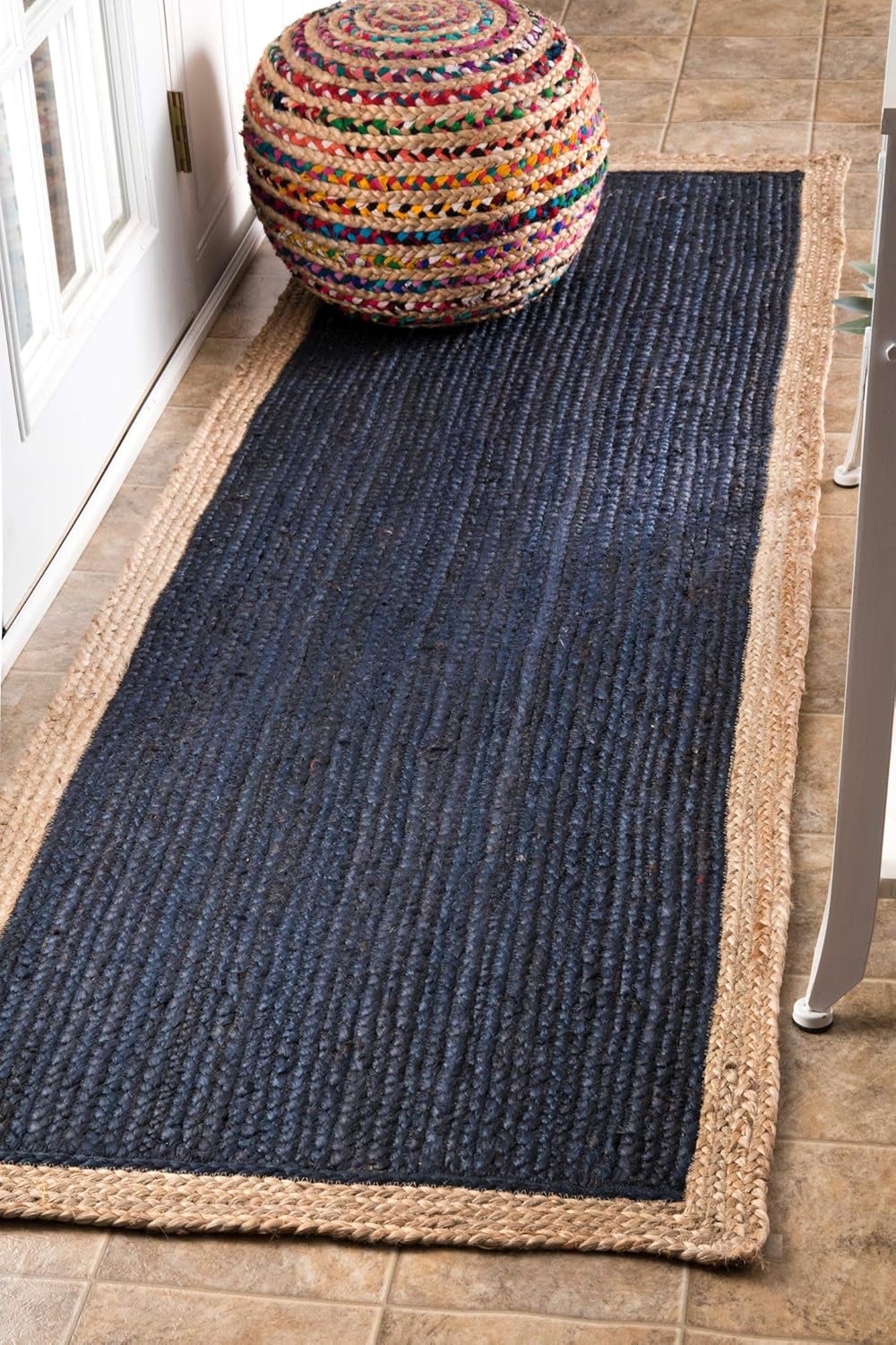 Navy with Beige Border Handmade Rustic Jute Area Rugs