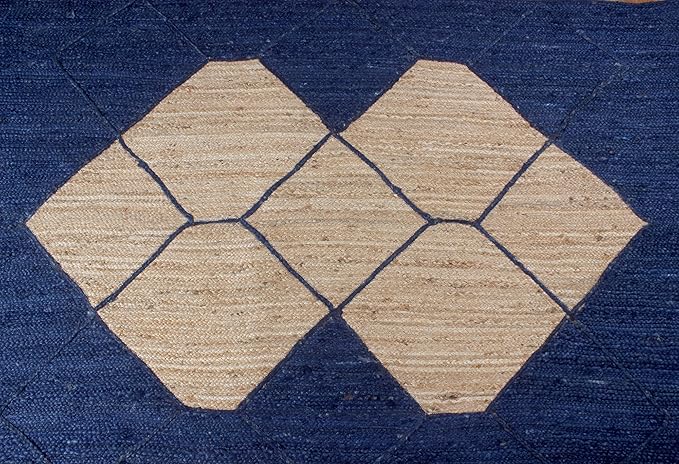 Indian Natural Vintage Rag Rug Geometric Blue & Beige Jute Area Rug