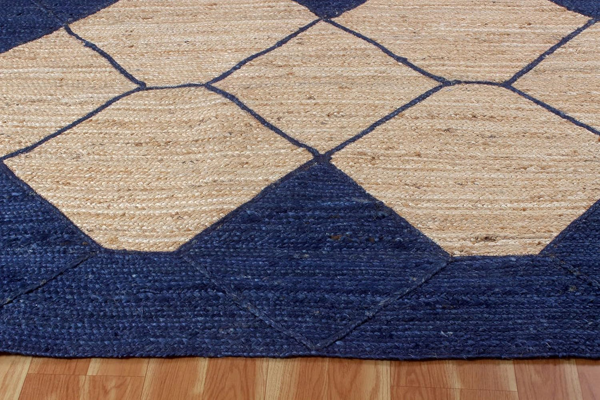 Indian Natural Vintage Rag Rug Geometric Blue & Beige Jute Area Rug