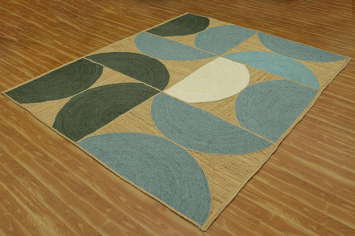 Tapis en jute tressé géométrique vert et bleu, idéal pour les zones à fort trafic dans la chambre 