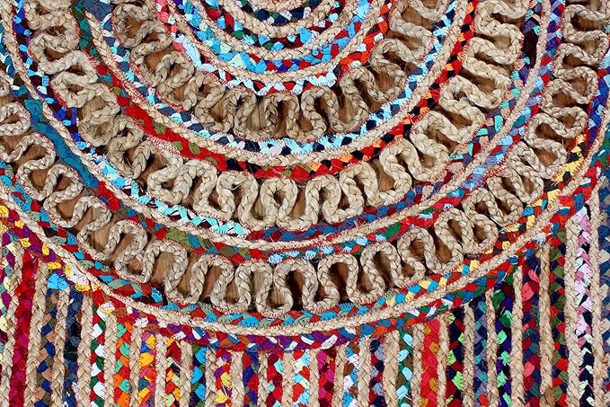 Round Geometric Multicolor Beige Chindi Cotton Jute Area Rug