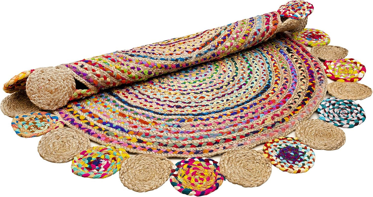 Hand Braided Pinwheel Multicolor Chindi Rug