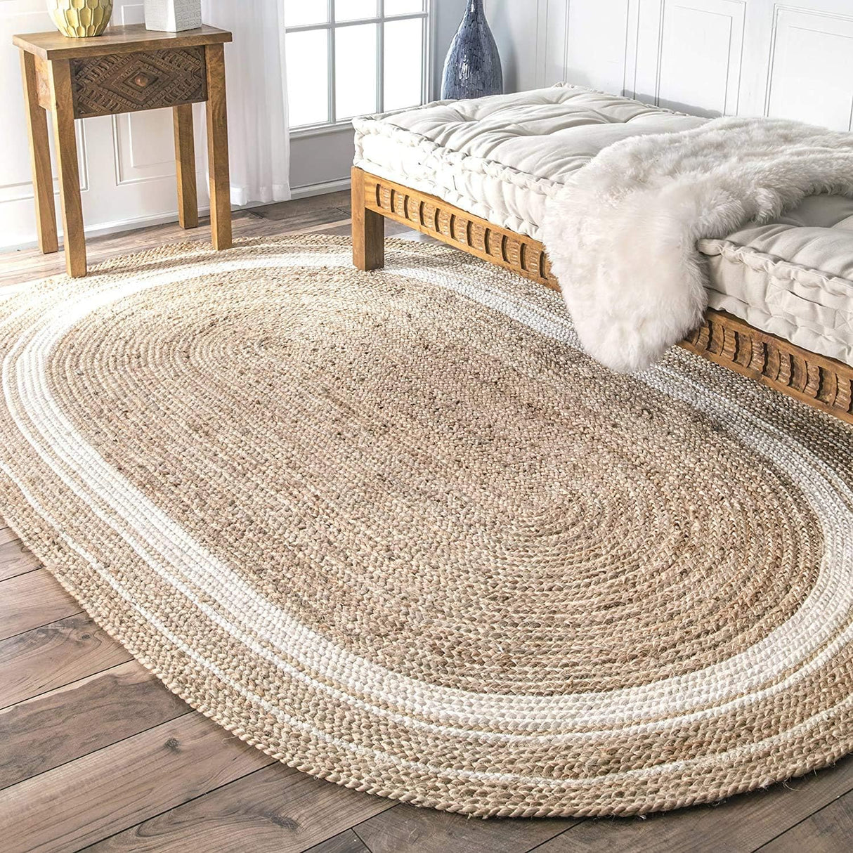 White Braided Border Bohemian  Natural Fiber Rugs