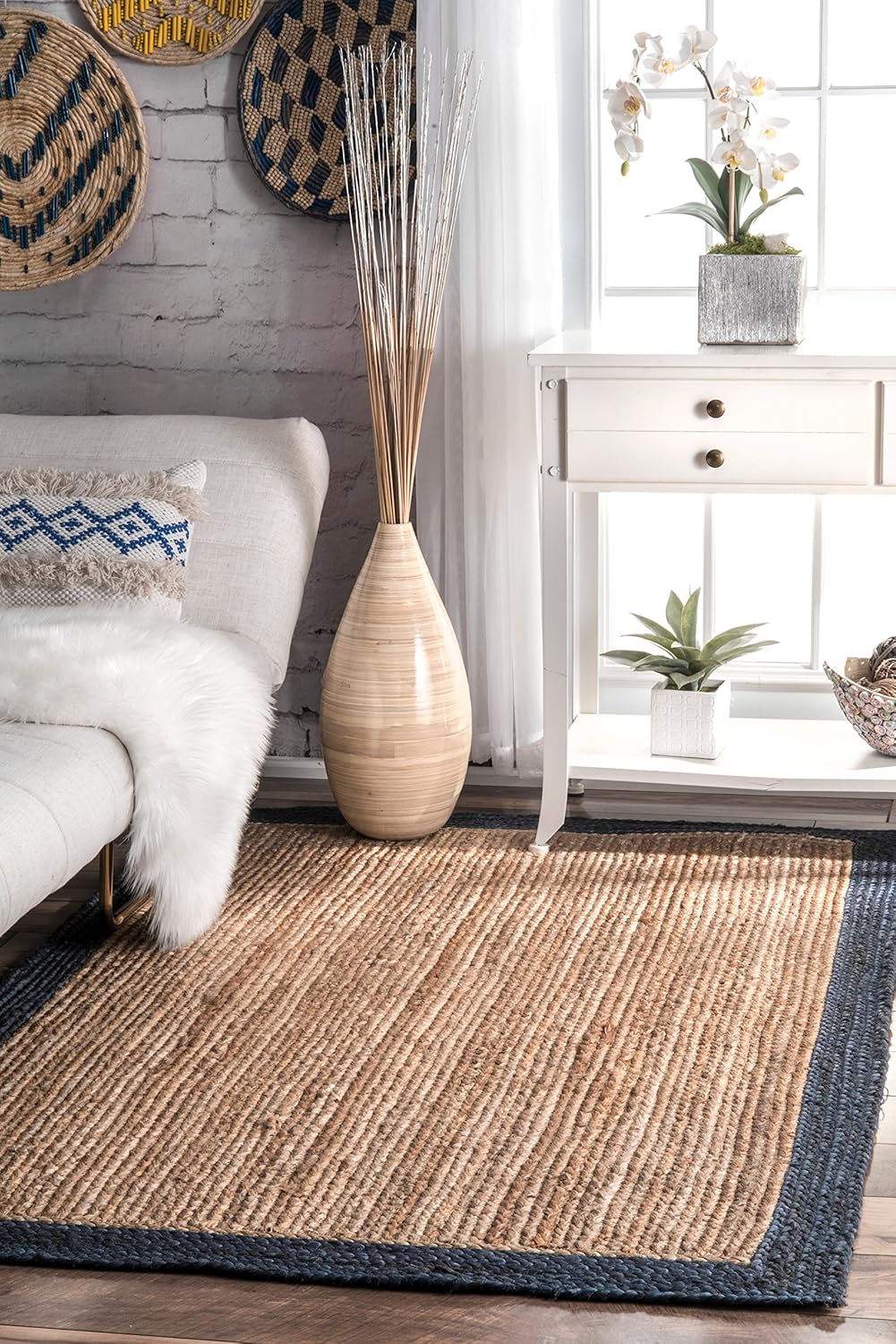 Beige with Blue Border Natural Jute Rugs