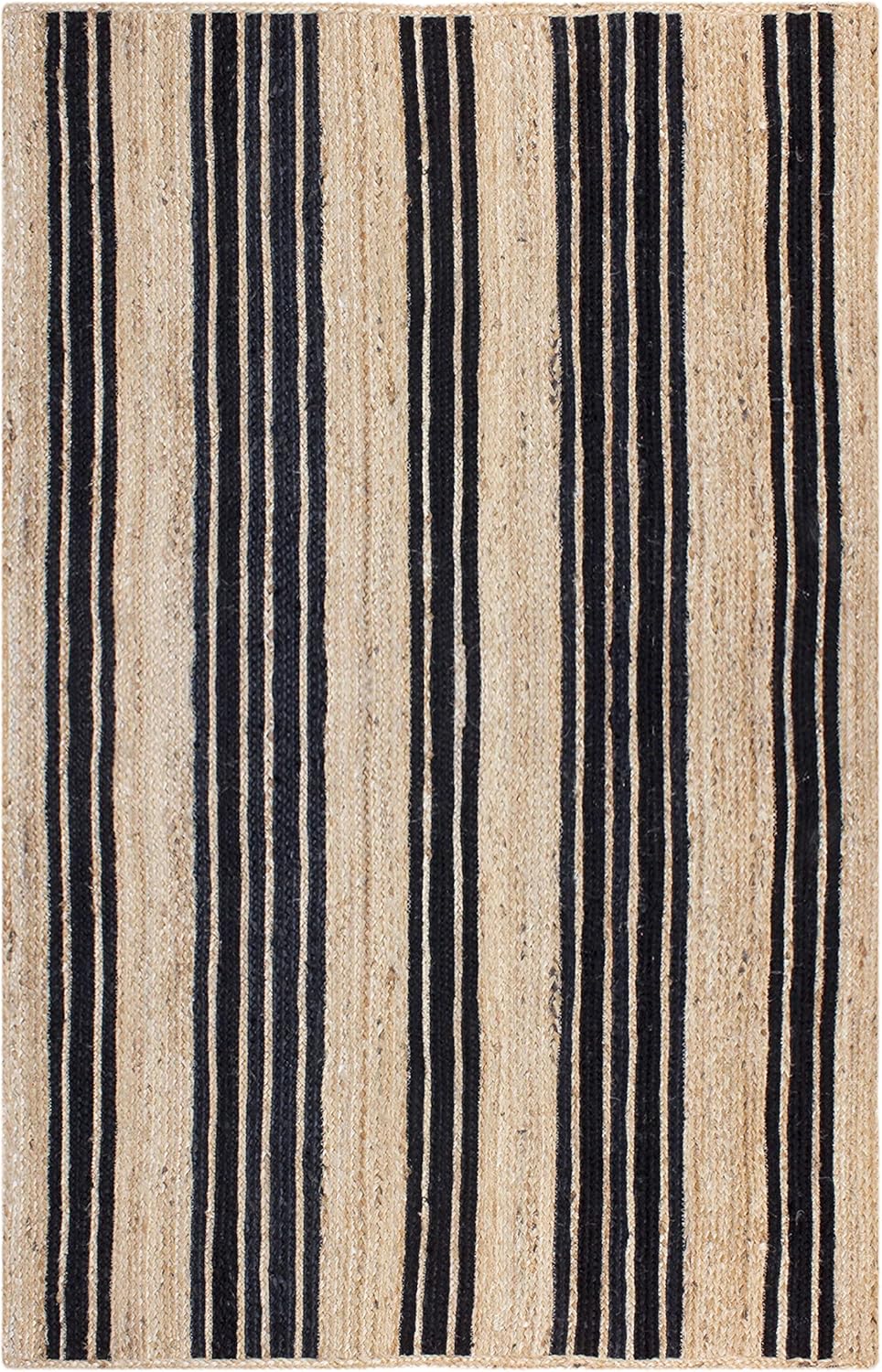 Geometric Black Beige Jute Rug - Handmade Indian Braided Floor Mat