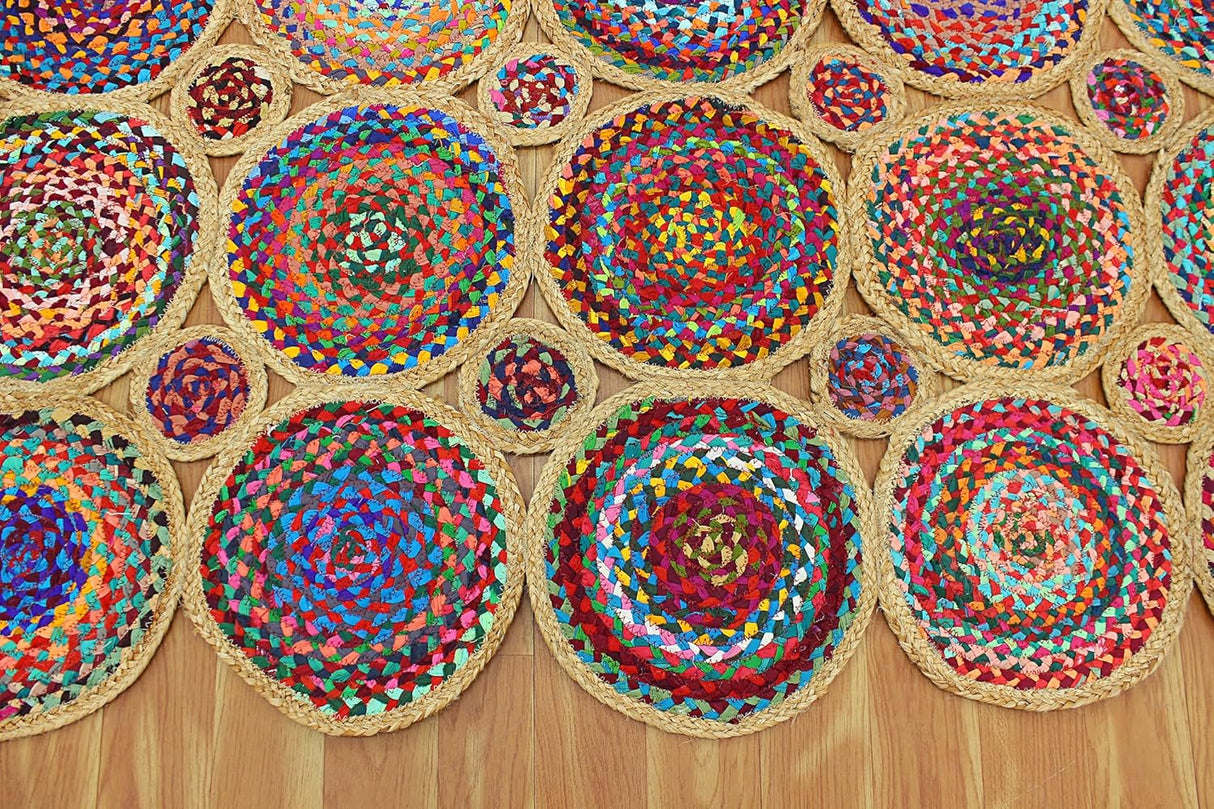 Geometric Beige & Multicolor Colorful Jute Chindi Cotton Area Rug