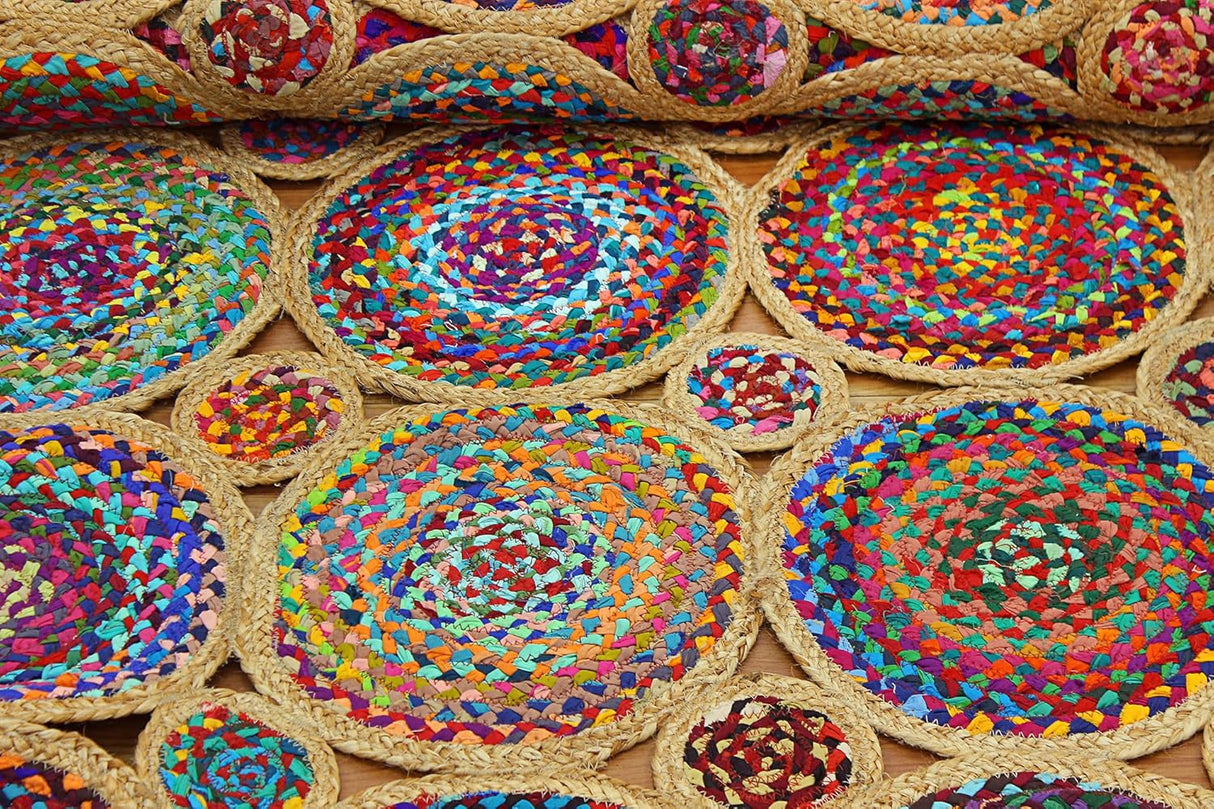 Geometric Beige & Multicolor Colorful Jute Chindi Cotton Area Rug