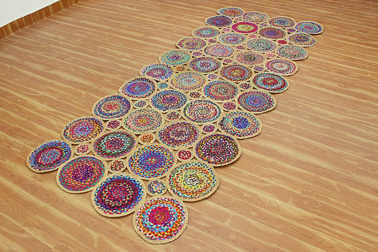 Geometric Beige & Multicolor Colorful Jute Chindi Cotton Area Rug