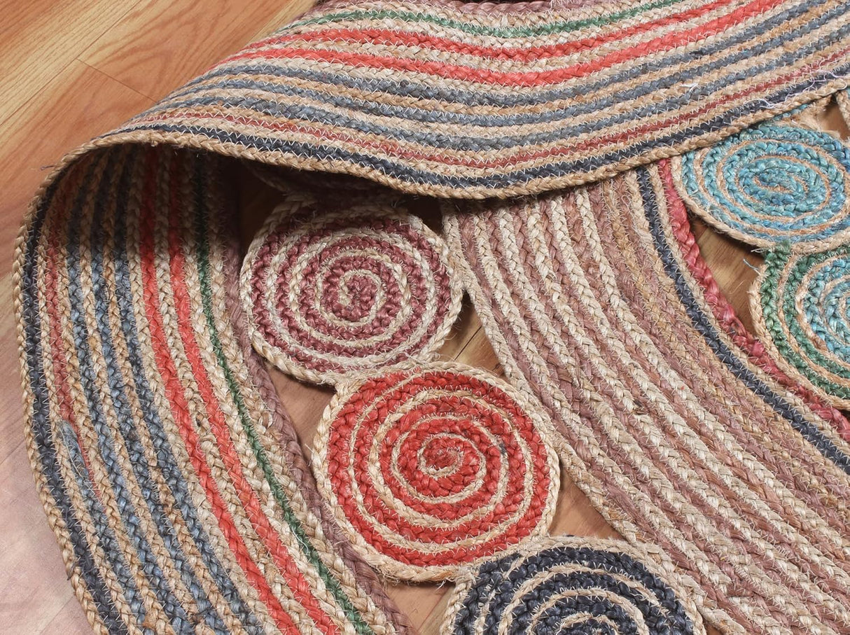 Geometric Beige & Multicolor Colorful Jute Chindi Cotton Area Rug