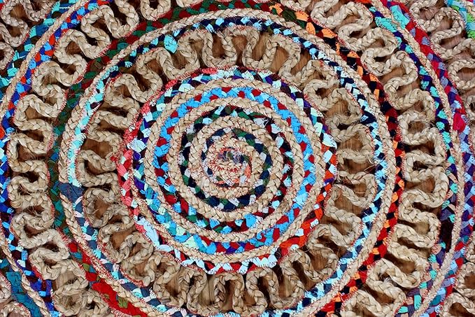 Round Geometric Multicolor Beige Chindi Cotton Jute Area Rug