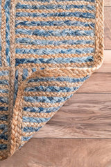 Indian Hand Woven Blue Hemp-Denim-Jute Cotton ,Recycled Denim Jute Rug