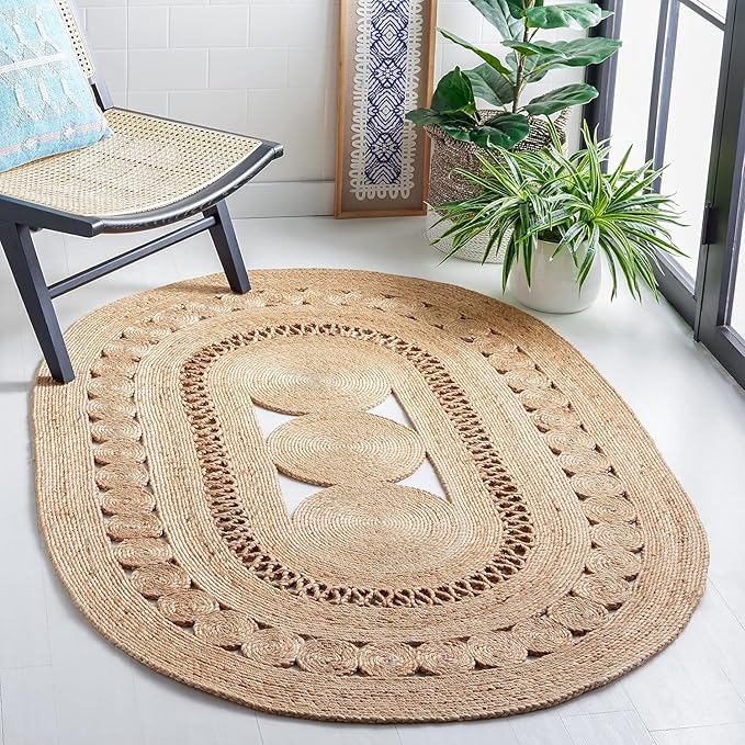 Handmade Boho Jute Rugs for Living Room with Circle Design and Non Slip Braided Carpets for Living Room