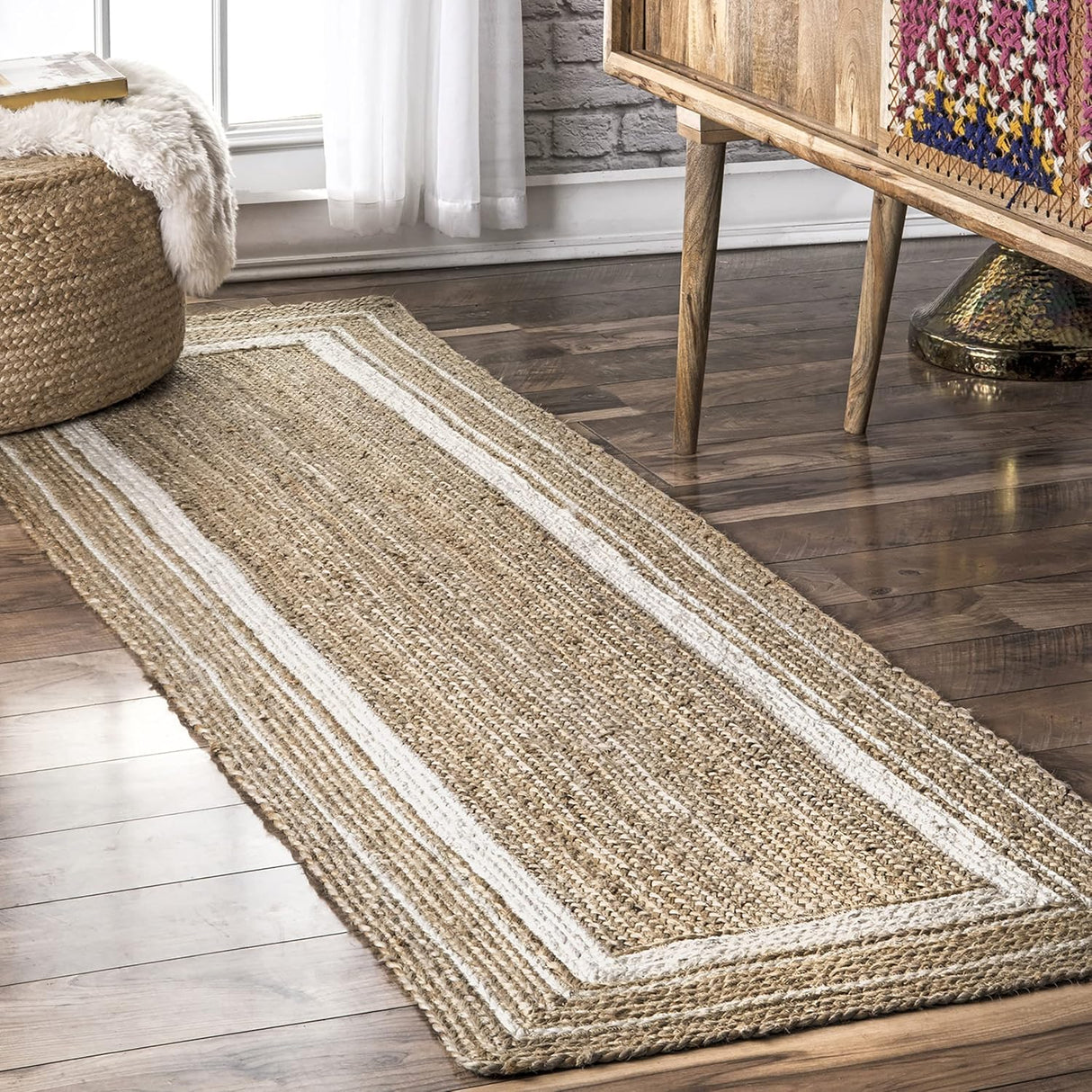 White Braided Border Bohemian  Natural Fiber Rugs