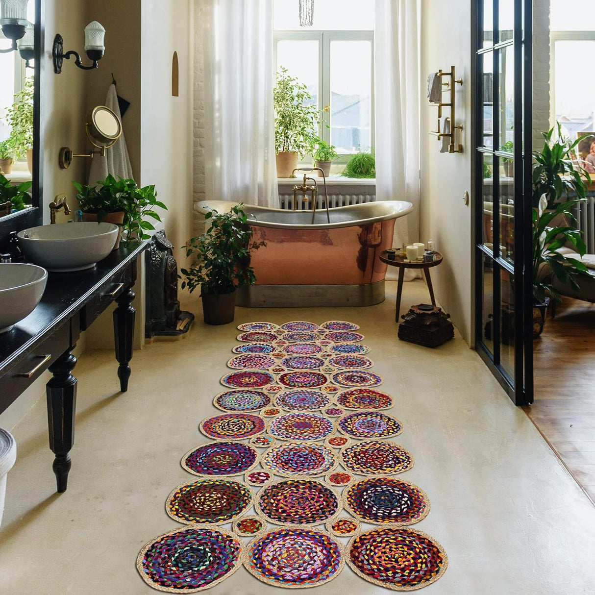 Geometric Beige & Multicolor Colorful Jute Chindi Cotton Area Rug
