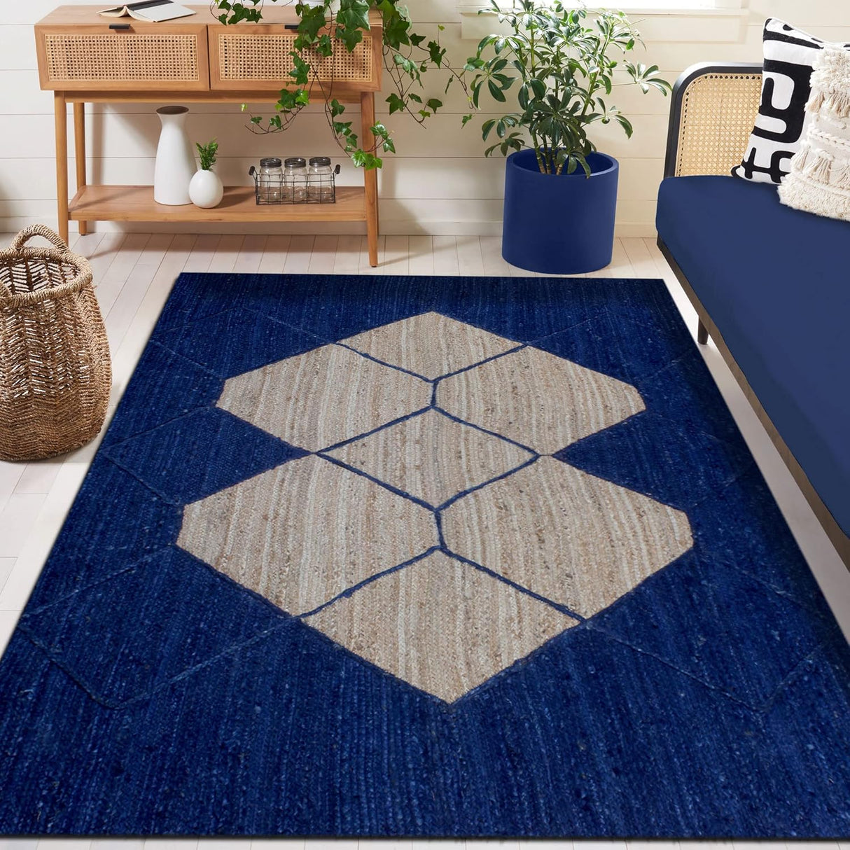 Indian Natural Vintage Rag Rug Geometric Blue & Beige Jute Area Rug