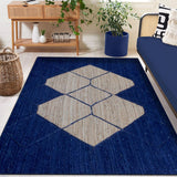 Indian Natural Vintage Rag Rug Geometric Blue & Beige Jute Area Rug