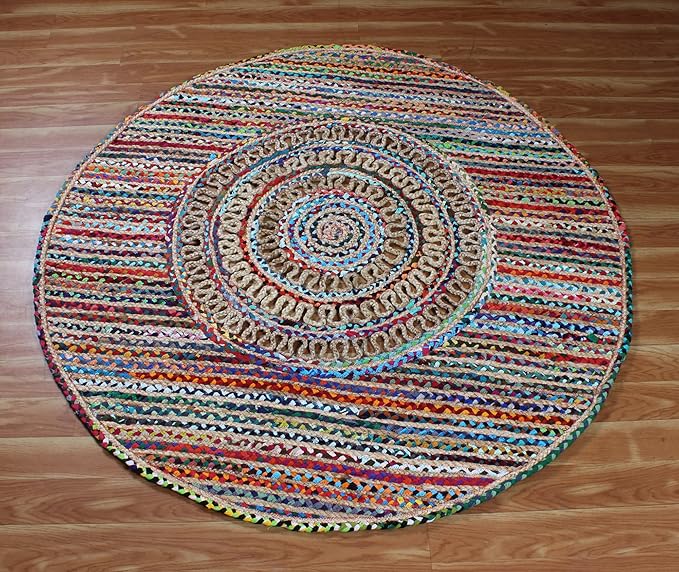 Round Geometric Multicolor Beige Chindi Cotton Jute Area Rug