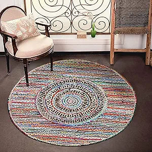 Round Geometric Multicolor Beige Chindi Cotton Jute Area Rug
