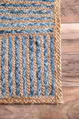 Indian Hand Woven Blue Hemp-Denim-Jute Cotton ,Recycled Denim Jute Rug