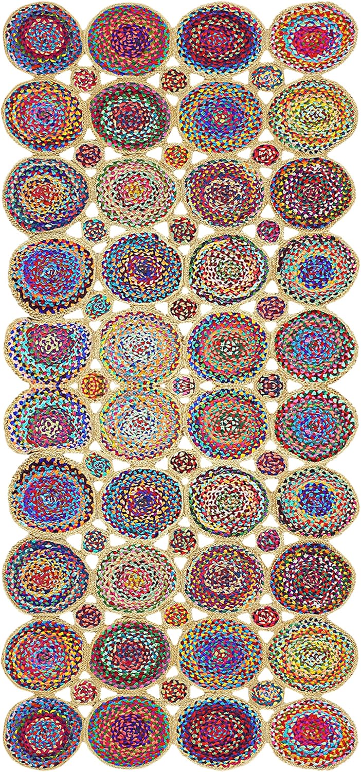Geometric Beige & Multicolor Colorful Jute Chindi Cotton Area Rug