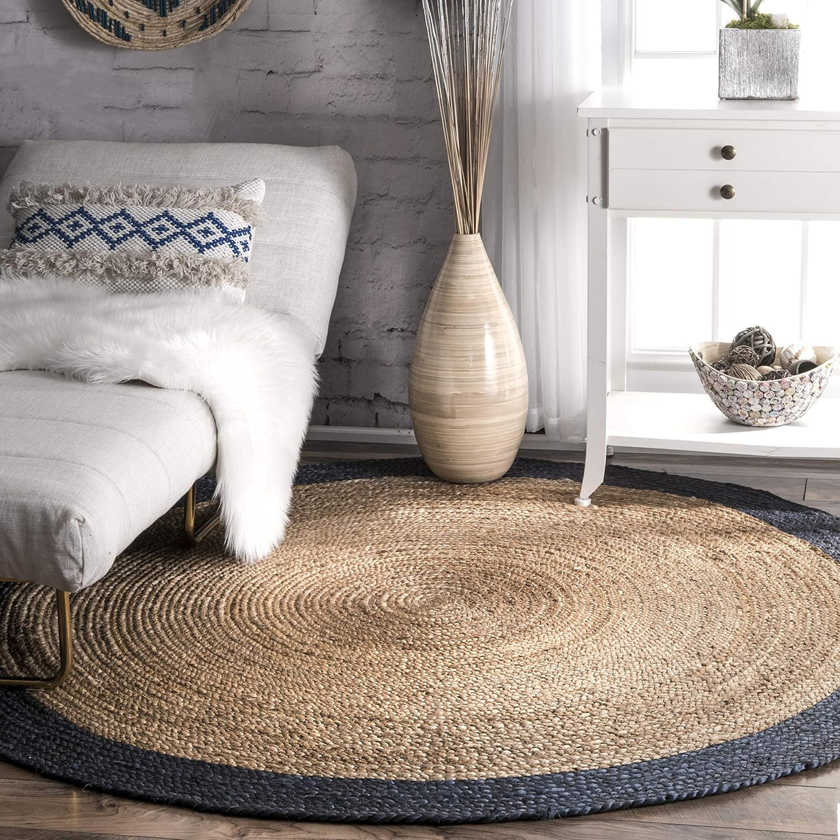 Beige with Blue Border Natural Jute Rugs
